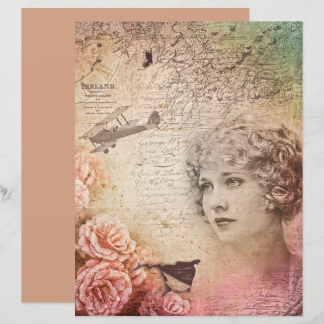 Vintage Pink Shabby Victorian Lady Scrapbook Paper (Front/Back)