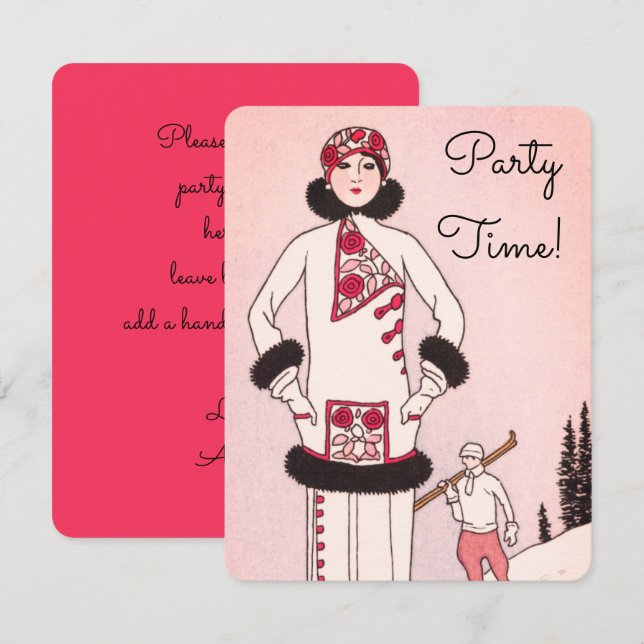 Vintage Pink Snow Scene Ski Party Invitation (Front/Back)