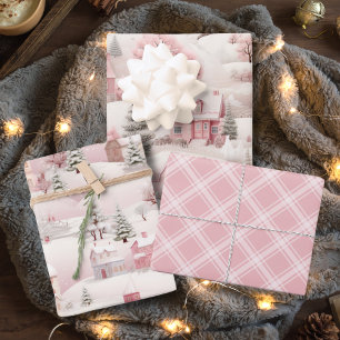 Vintage Pink Snow Village Plaid Christmas Wrapping Paper Sheet
