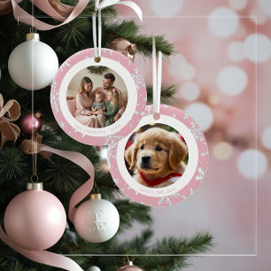 Vintage Pink Snowflakes Family Christmas 2 Photos Ceramic Tree Decoration