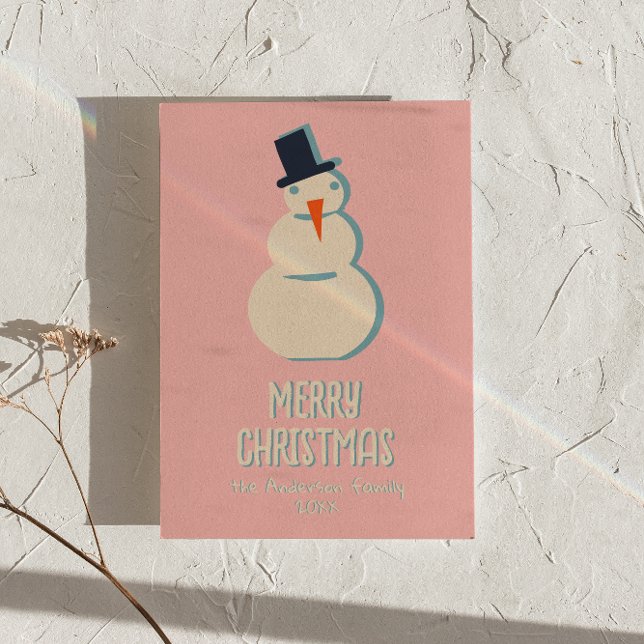 Vintage Pink Snowman Christmas Non-Photo Holiday Card (Creator Uploaded)
