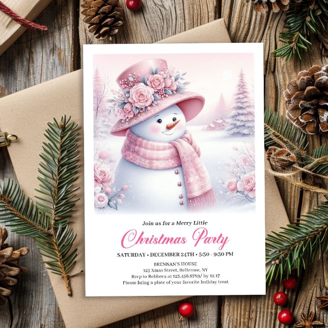 Vintage Pink Snowman Kids Editable Christmas Card (Vintage Pink Snowman Kids Editable Christmas Invitation

)