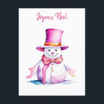 Vintage Pink Snowman Retro Personalised Christmas Postcard<br><div class="desc">Watercolor pink vintage Snowman with Retro vibes personalised Christmas card. Joyeux Noël.</div>