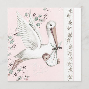 Vintage Pink Stork Baby Girl Shower Invitations
