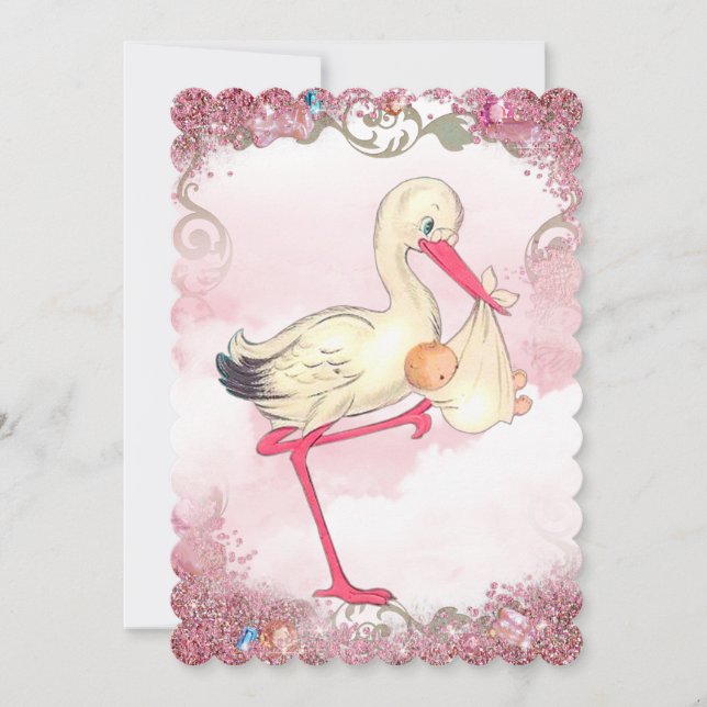 Vintage Pink Stork Baby Shower Invitation (Front)