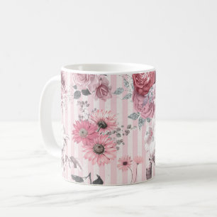 Vintage Pink Striped Floral Pattern Coffee Mug