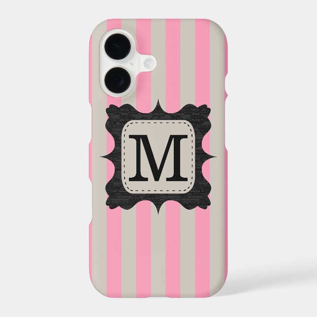 Vintage Pink Stripes Pattern Black Custom Monogram (Back)