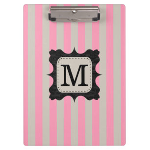 Vintage Pink Stripes Pattern Black Custom Monogram Clipboard