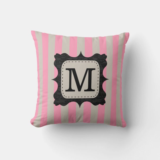Vintage Pink Stripes Pattern Black Custom Monogram Cushion (Front)