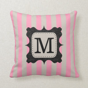 Vintage Pink Stripes Pattern Black Custom Monogram Cushion