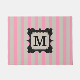 Vintage Pink Stripes Pattern Black Custom Monogram Doormat