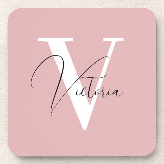 Vintage pink stylish chic custom monogram coaster (Front)