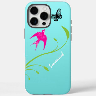 Vintage Pink Swallow Bird Butterfly Blue Ombre iPhone 16 Pro Max Case