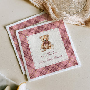Vintage Pink Tartan Teddy Bear Baby Shower Napkin