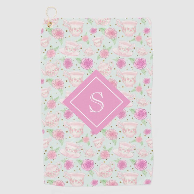 Vintage Pink Tea Party Pattern Monogram Golf Towel (Front)