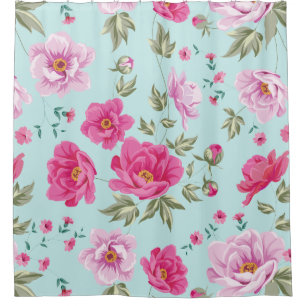 Vintage pink teal floral pattern shower curtain