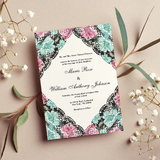 Vintage pink teal watercolor floral lace Wedding Invitation