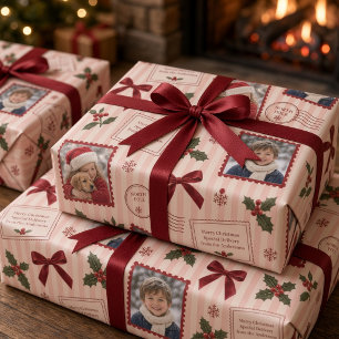 Vintage Pink Ticking Stripe Photo Collage  Wrapping Paper