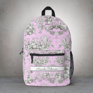 Vintage Pink Toile de Jouy Floral Monogram Printed Backpack