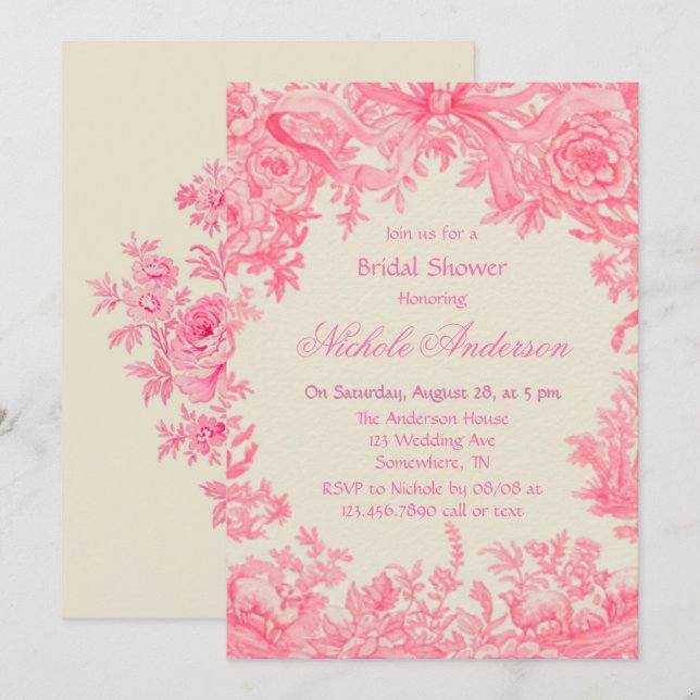 Vintage Pink Toile Flower Bridal Shower Invitation (Front/Back)