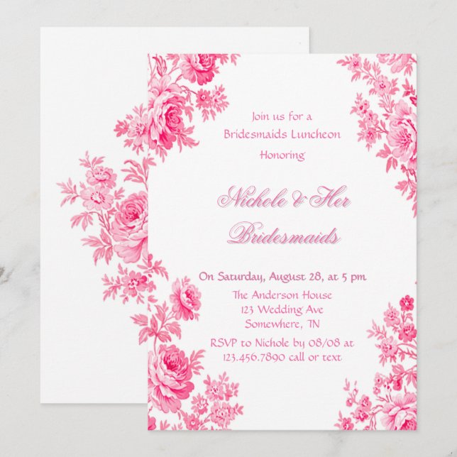 Vintage Pink Toile Flower Bridesmaids Luncheon Invitation (Front/Back)