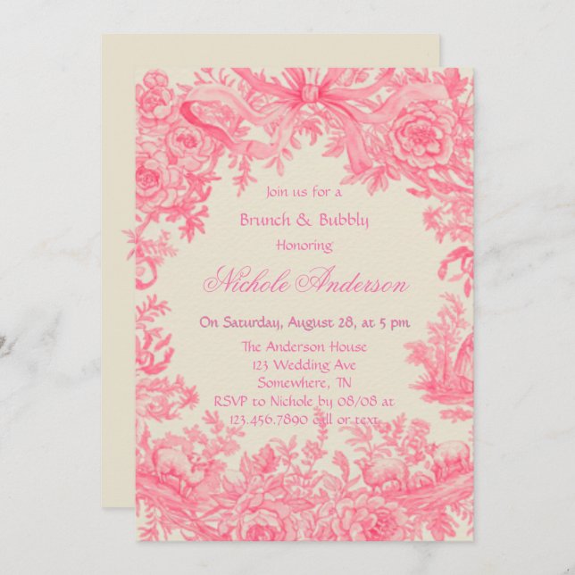 Vintage Pink Toile Flower Brunch & Bubbly Invitation (Front/Back)