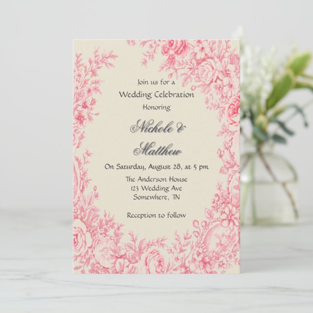Vintage Pink Toile Flower Wedding Celebration  Invitation (Standing Front)
