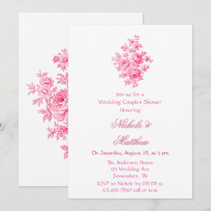 Vintage Pink Toile Flower Wedding Couples Shower Invitation