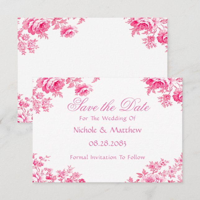 Vintage Pink Toile Flower Wedding Save The Date (Front/Back)