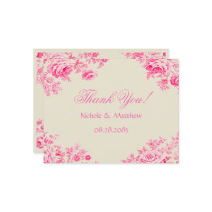 Vintage Pink Toile Flower Wedding Thank You Card