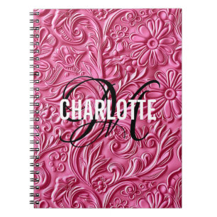 Vintage pink tooled leather monogram name notebook