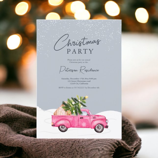 Vintage pink truck blue snow Christmas Invitation (Vintage pink truck blue snow Christmas Invitation)