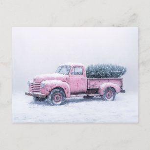 Vintage Pink Truck Christmas Tree Blizzard Art Postcard