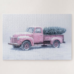 Vintage Pink Truck Christmas Tree Jigsaw Puzzle