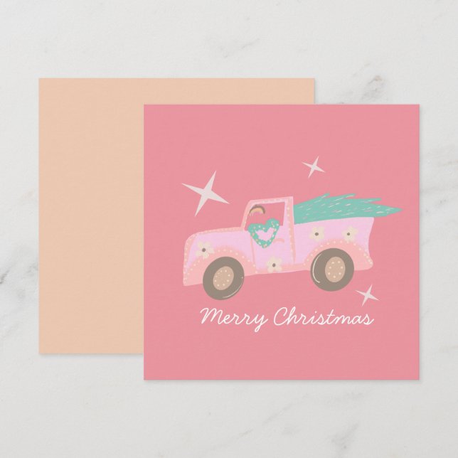 Vintage Pink Truck Groovy Christmas Tree Card (Front/Back)