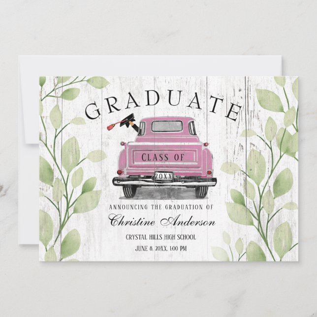 Vintage Pink Truck Rustic Greenery 2025 Graduation Announcement (Front)