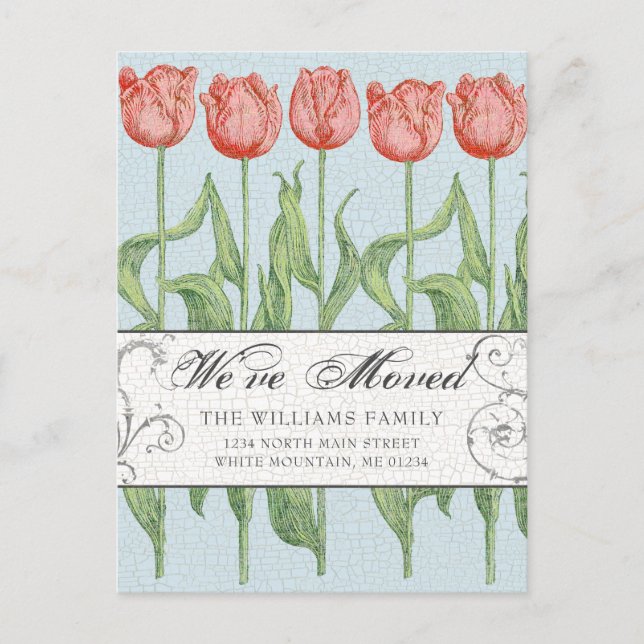 Vintage Pink Tulip Floral Moving Announcement Postcard (Front)