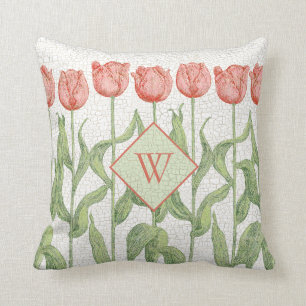 Vintage Pink Tulip Garden Monogram Floral Cushion