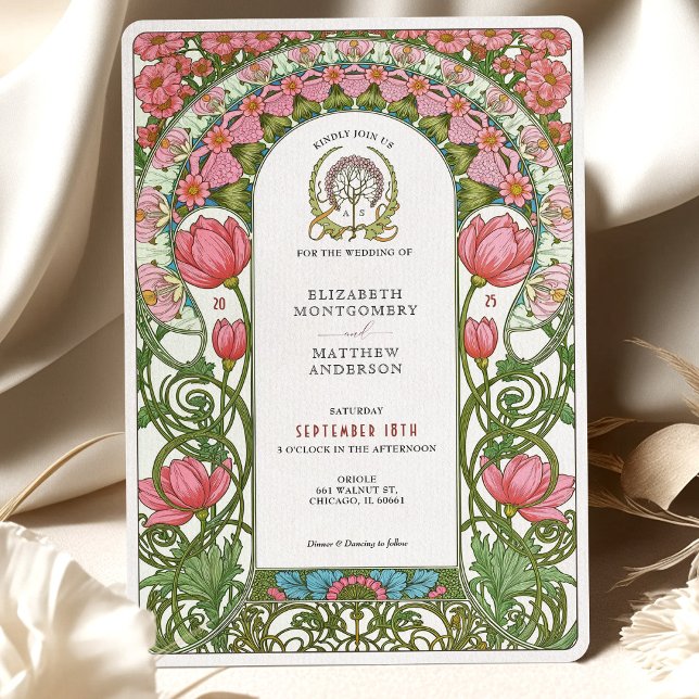 Vintage Pink Tulips Art Nouveau Wedding Invitation (Creator Uploaded)
