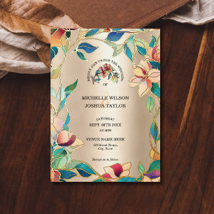 Vintage Pink Turquoise Stained Glass Art Nouveau