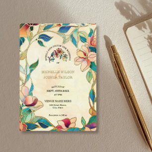 Vintage Pink Turquoise Stained Glass Art Nouveau