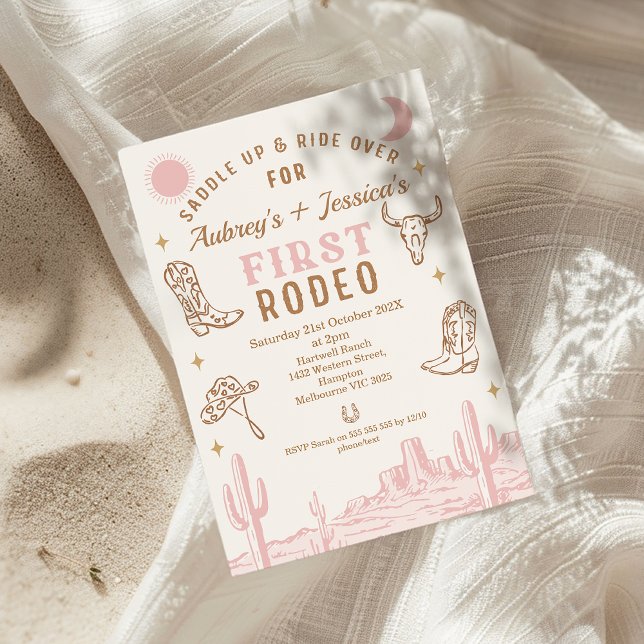 Vintage Pink Twins First Rodeo 1st Birthday  Invitation (Pink Girl Twins First Rodeo Birthday Invitation, Western Desert, Wild West, Southern Country,  )