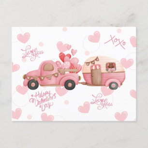 Vintage Pink Valentine's Day Truck and Hearts Postcard