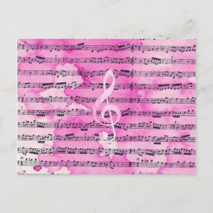 Vintage pink watercolor classical clef music sheet postcard
