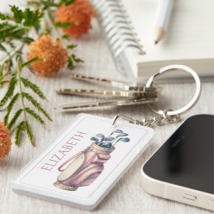 Vintage Pink Watercolor Golf Clubs Personalised Key Ring