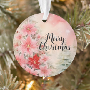 Vintage Pink Watercolor Poinsettia Christmas Tree Ornament