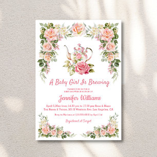 Vintage Pink Watercolor Rose Floral Tea Party Baby Invitation