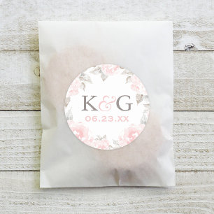 Vintage Pink Watercolor Rose Wedding Monogram Classic Round Sticker