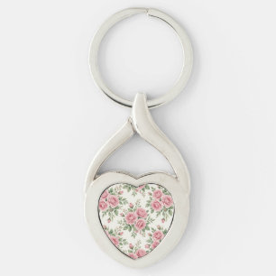 Vintage Pink Watercolor Roses Floral Seamless Key Ring