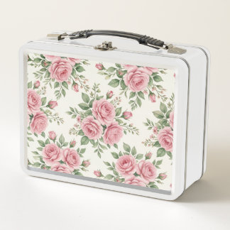 Vintage Pink Watercolor Roses Floral Seamless Metal Lunch Box
